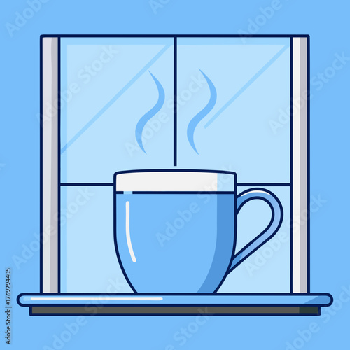 A steaming cup of coffee by the window