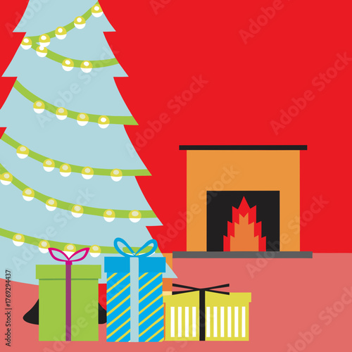 Christmas tree with gifts and fireplace illustration for holiday season