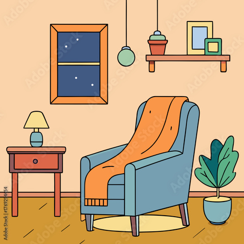 Cozy living room interior with armchair, window, and furniture illustration