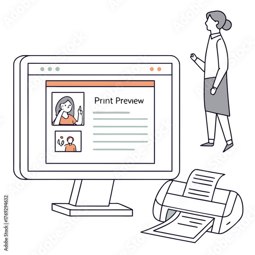 Illustration of print preview on computer screen with printer