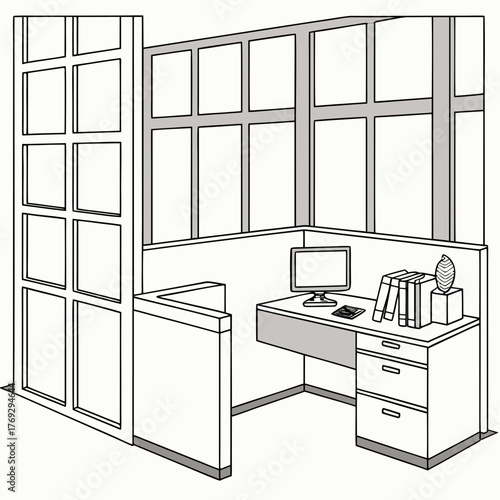Illustration of an office cubicle with a desk, computer, and window