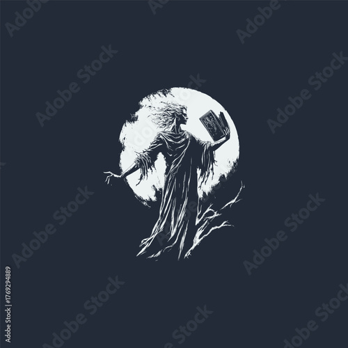 Dramatic black and white illustration of a mystical ghostly figure or sorcerer in flowing robes, holding a magic book against a glowing full moon