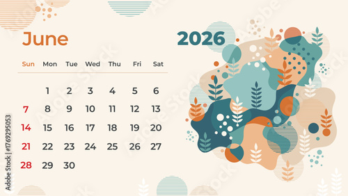 Beautifully Abstract hand-drawn June 2026 calendar