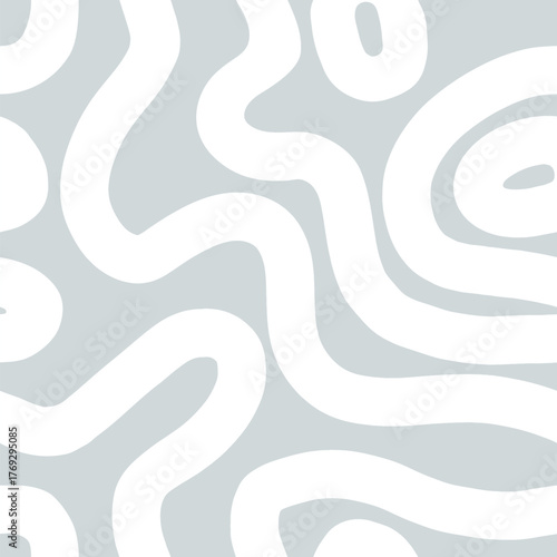 Abstract wavy lines seamless patten. Vector curved line shapes grey and white textured background. Hand drawn cute liquid groovy texture for fabric print, fashion design, minimalist poster, decor.