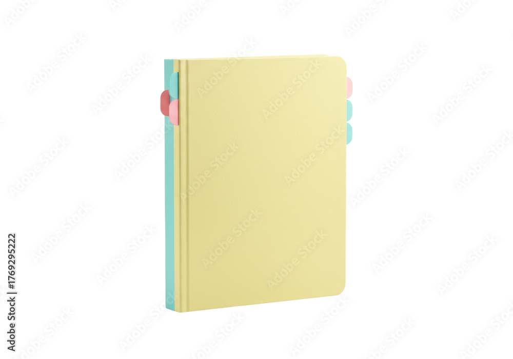 Fototapeta premium Isolated yellow notebook, light blue spine, pink tab bookmarks; blank journal, stationery