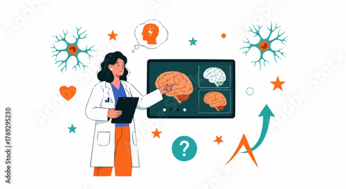 Female doctor pointing at brain diagram — modern flat medical illustration about neuroscience and healthcare education