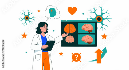 Female doctor pointing at brain diagram — modern flat medical illustration about neuroscience and healthcare education