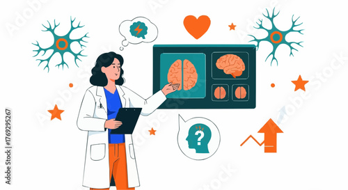 Female doctor pointing at brain diagram — modern flat medical illustration about neuroscience and healthcare education