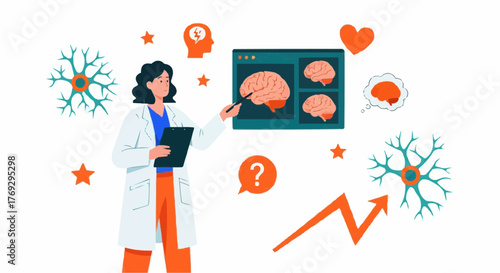 Female doctor pointing at brain diagram — modern flat medical illustration about neuroscience and healthcare education
