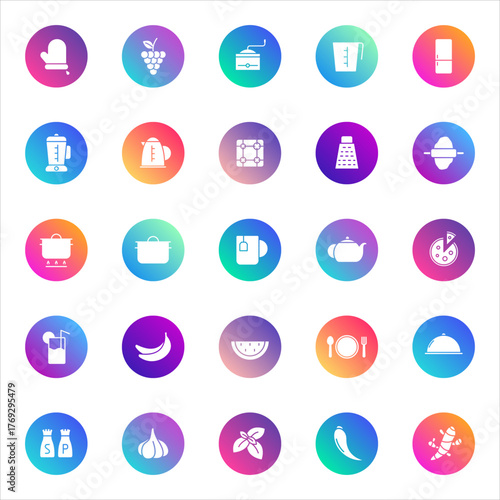 Set of 25 round kitchen and food glyph icons in white style on colorful gradient backgrounds. Includes cookware, ingredients, and culinary symbols for UI, apps, and web design.