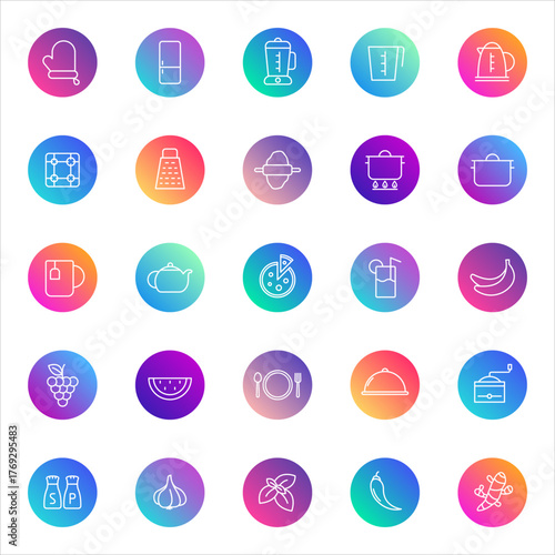 Set of 25 round kitchen and food icons in white outline style on colorful gradient backgrounds. Includes cookware, ingredients, and culinary symbols for UI, apps, and web design.