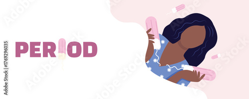 African American teenage girl, woman with tampons. Female menstruation period hygiene health banner