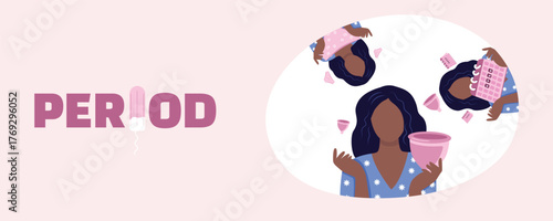African American dark skin teenage girl, woman holding menstrual cup, panties and period calendar female menstruation period menstrual health banner