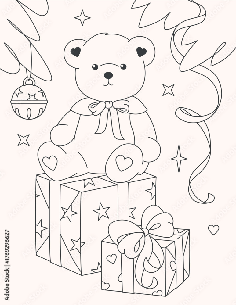 Naklejka premium Outline illustration of teddy bear with Christmas gifts and bow. Holiday coloring page in monochrome line art style for children's activities and winter fun