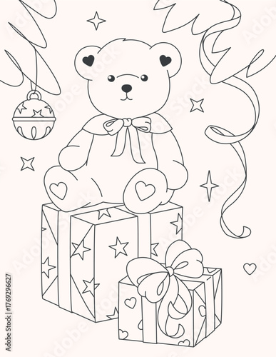 Outline illustration of teddy bear with Christmas gifts and bow. Holiday coloring page in monochrome line art style for children's activities and winter fun