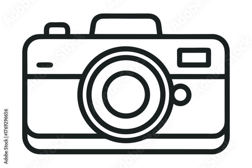 A minimalist line art drawing depicting a compact digital camera design