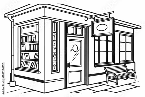 a flat-style vector illustration of a small bookstore exterior in black and white, with shelves of books visible through the window, a hanging sign, and a bench outside. Outlined in clean black lines 
