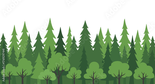 Stylized evergreen and deciduous tree forest canopy with varied shades of green