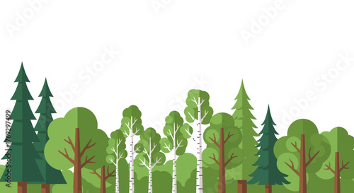 Stylized vector graphic illustration of a green forest with varied tree species flat design