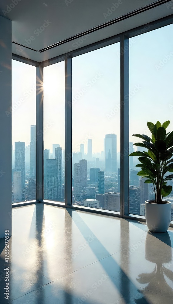 Fototapeta premium Modern Corporate Office with Panoramic City View Sunlight streams through a large window illuminating a sleek, minimalist interior workspace, offering stunning cityscape horizon views.