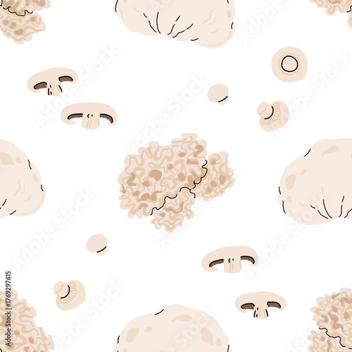 Seamless mushroom pattern, flat vector illustration with edible, wild, and medicinal mushrooms including morel, porcini, truffle, reishi, oyster, shiitake, puffball, and chanterelle