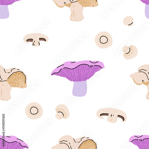 Seamless mushroom pattern, flat vector illustration with edible, wild, and medicinal mushrooms including morel, porcini, truffle, reishi, oyster, shiitake, puffball, and chanterelle