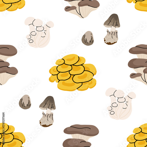 Seamless mushroom pattern, flat vector illustration with edible, wild, and medicinal mushrooms including morel, porcini, truffle, reishi, oyster, shiitake, puffball, and chanterelle