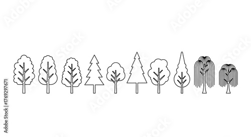 Variety of tree silhouettes in a linear arrangement against a clean white backdrop landscape