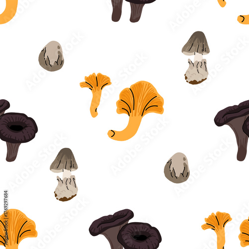Seamless mushroom pattern, flat vector illustration with edible, wild, and medicinal mushrooms including morel, porcini, truffle, reishi, oyster, shiitake, puffball, and chanterelle