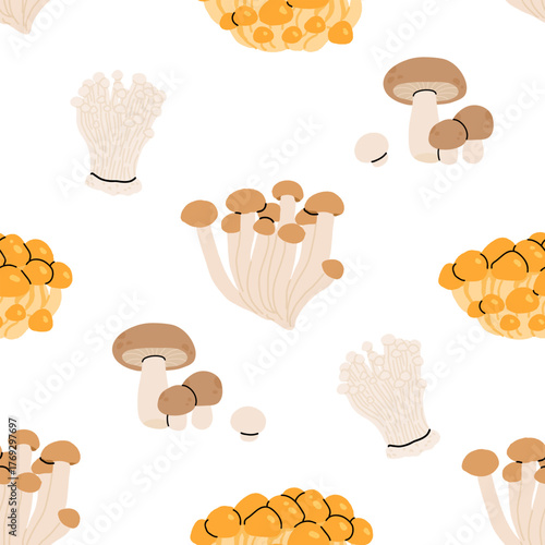 Seamless mushroom pattern, flat vector illustration with edible, wild, and medicinal mushrooms including morel, porcini, truffle, reishi, oyster, shiitake, puffball, and chanterelle