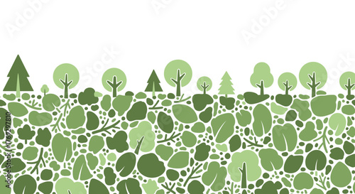 Forest canopy seamless border with various tree designs in shades of green on white backdrop