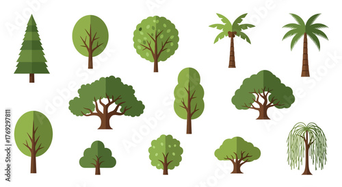 Flat design stylized tree illustrations showcasing diverse species on white backdrop for nature