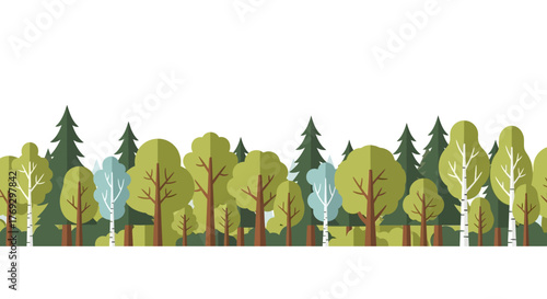 Stylized woodland panorama with mixed trees conveying a sense of tranquility and peace within