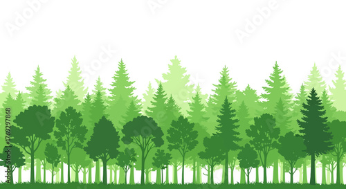 Lush green forest canopy panorama a peaceful woodland illustration with varied tree silhouettes