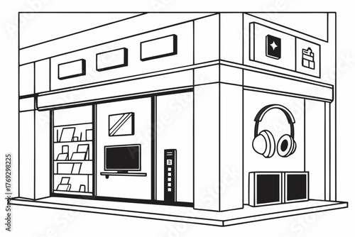 a flat-style vector illustration of an electronics store exterior in black and white, with TVs, phones, and headphones in the display window. Outlined in clean black lines on a white background, minim