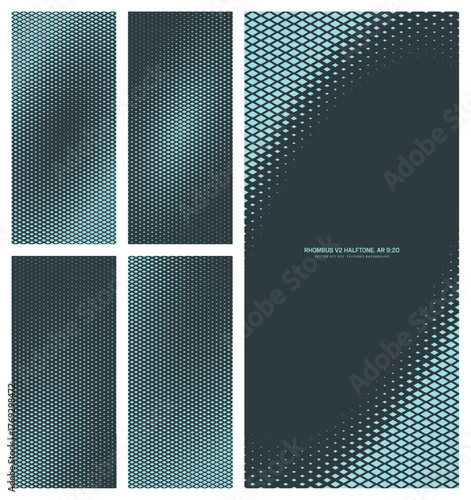 Assorted vector rhombus grid cyan black halftone pattern set in vertical 9:20 aspect ratio including diagonal oval frame and various smooth textures. Half tone graphics conceptual design elements pack
