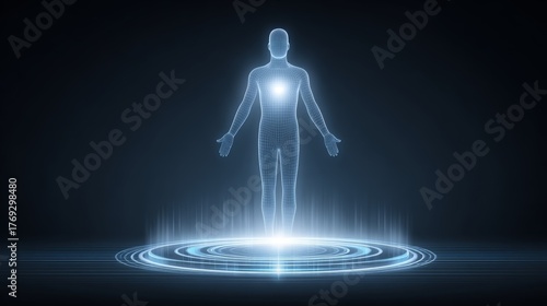 3d transparent holographic human body anatomy science visualization digital environment glowing silhouette