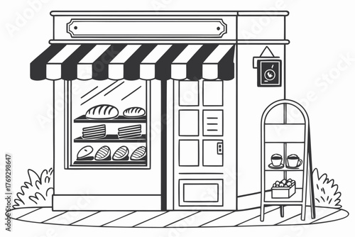 a flat-style vector illustration of a bakery and deli combination shop exterior in black and white, showing bread loaves, sandwiches, and coffee through the window, with a striped awning. 