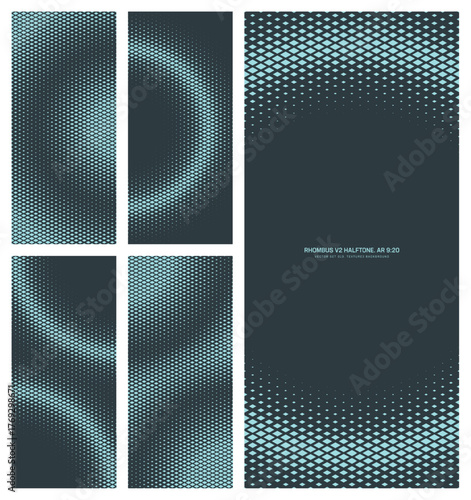 Assorted vector rhombus grid cyan black halftone pattern set in vertical 9:20 aspect ratio including round frame and various smooth circular textures. Varied half tone conceptual design element bundle