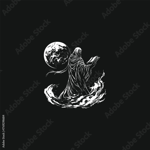 Intense black and white illustration of a mysterious hooded figure in a flowing robe, reading a sacred book while standing amidst flames or swirling energy, with a detailed planet or moon backdrop