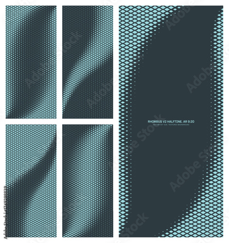 Assorted vector rhombus grid cyan black halftone pattern set in vertical 9:20 aspect ratio including curved frame and various unique twisted textures. Varied half tone conceptual design elements pack