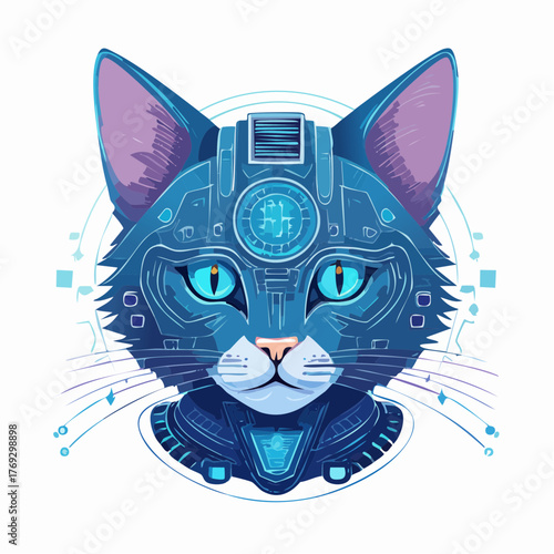 Futuristic feline: A cybernetic cat illustration with technological enhancements and vibrant blue