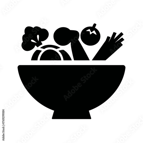 Black and white illustration of salad bowl with vegetables concept