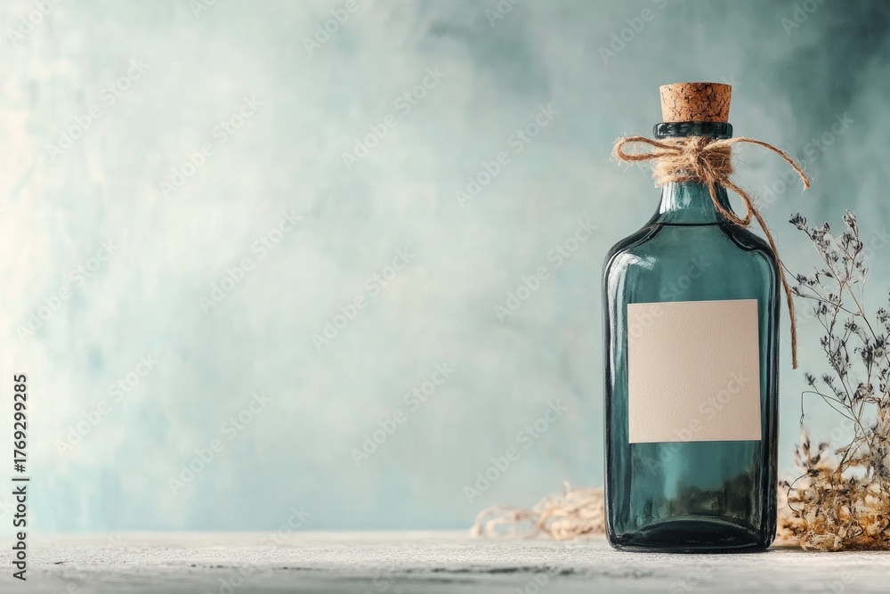 Obraz premium Elegant glass bottle with blank label and leaf on light background