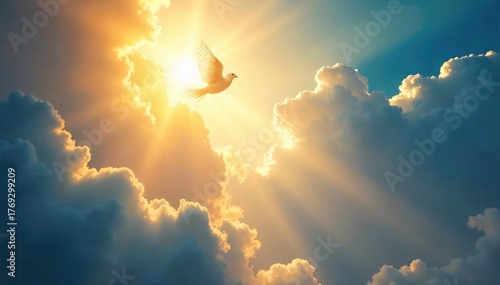 A symbolic representation of religious salvation; a single dove descending towards a glowing light, surrounded by ethereal clouds , afterlife, hope