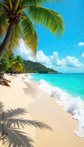 A vibrant beach scene, sun-kissed sand, turquoise ocean waves lapping the shore, palm trees swaying gently in the breeze, ideal for travel and vacation themes ,  beautiful,  nature