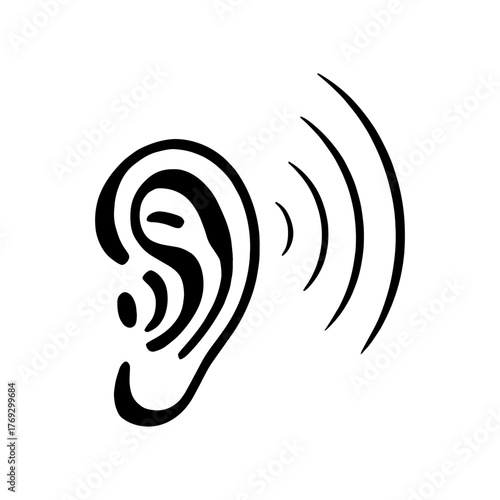 Hand drawn sketch of human ear with sound waves radiating outward representing hearing listening sound reception and auditory communication concepts vector
