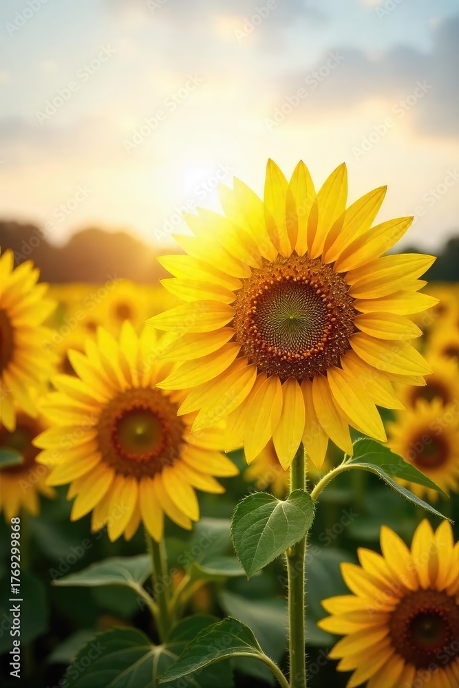 Obraz premium A vibrant field of sunflowers bathed in golden sunlight, representing optimism and the promise of a bright future The cheerful yellow evokes feelings of warmth and joy , dazzling, bloom
