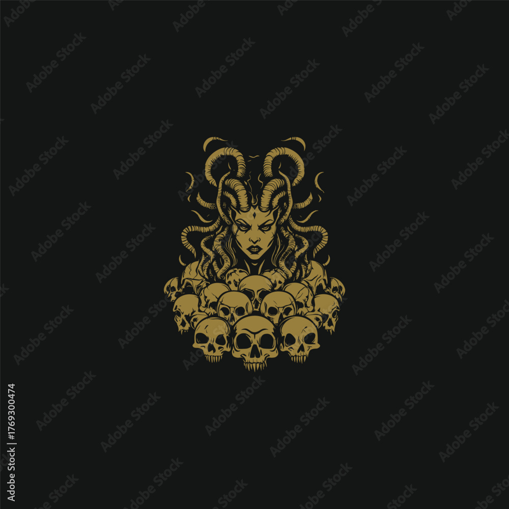 Fototapeta premium Dark fantasy vintage illustration of the mythical Medusa with snakes for hair, dramatically seated on a large pile of human skulls