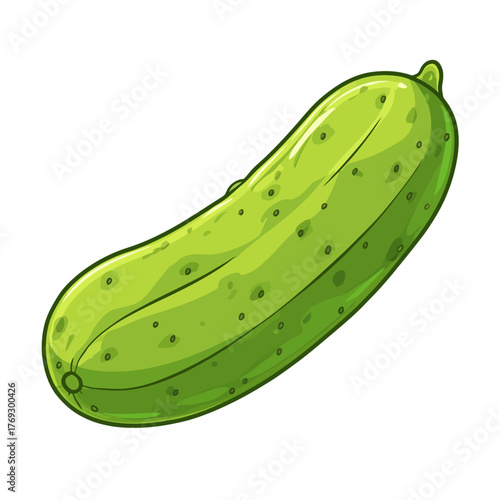 Fresh green cucumber isolated on white background with cartoon style